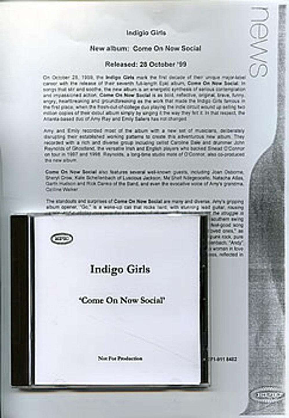 Indigo Girls Come On Now Social UK Promo CD-R acetate PRESS PACK & CDR