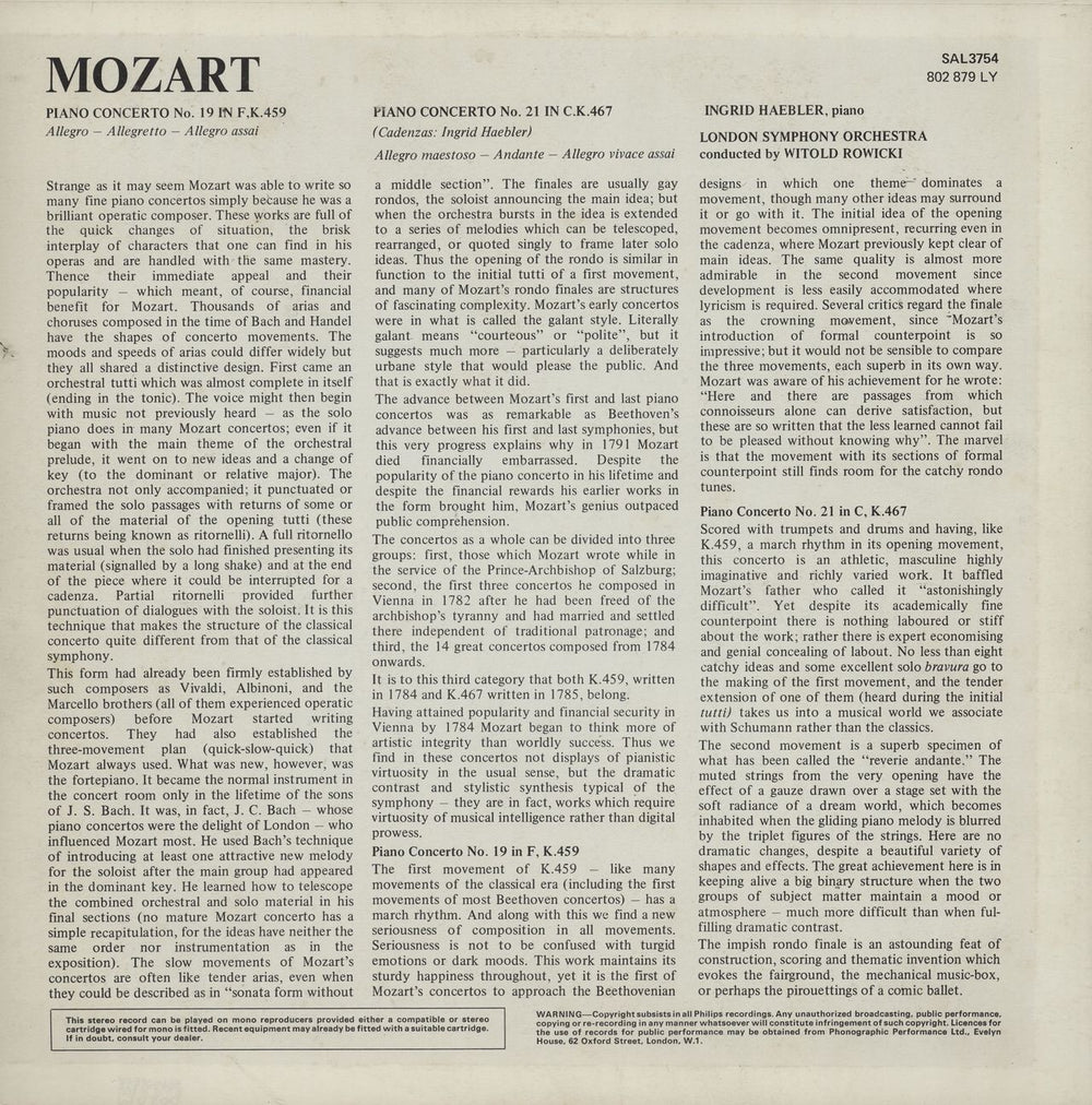 Ingrid Haebler Mozart: Piano Concerto No. 19 in F Major, K.459 / Piano Concerto No. 21 in C Major, K.467 UK vinyl LP album (LP record)