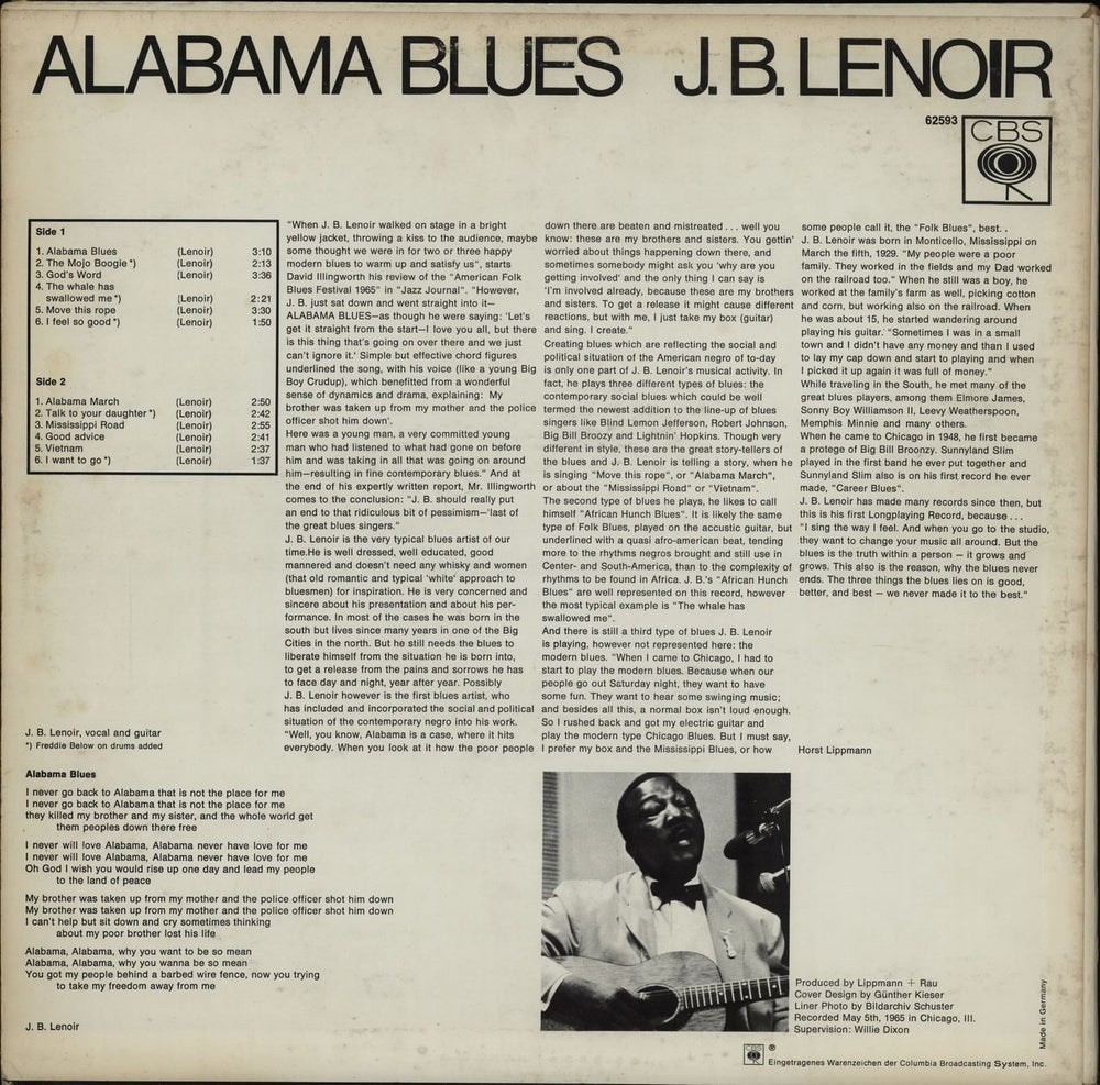 J B Lenoir Alabama Blues! German vinyl LP album (LP record)