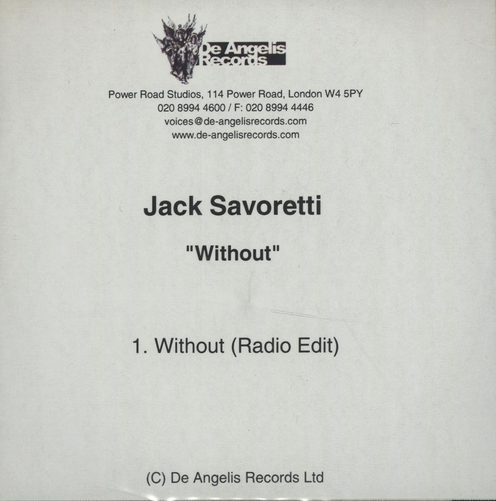 Jack Savoretti Without UK Promo CD-R acetate CD-R