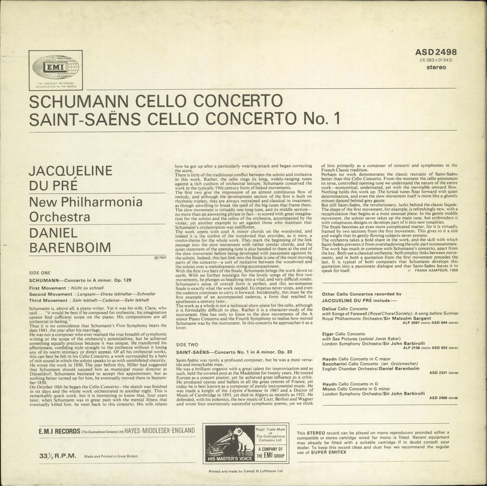 Jacqueline Du Pré & Daniel Barenboim Schumann: Cello Concerto In A Minor/ Saint-Saens: Cello Concerto No. 1 In A Minor UK vinyl LP album (LP record)