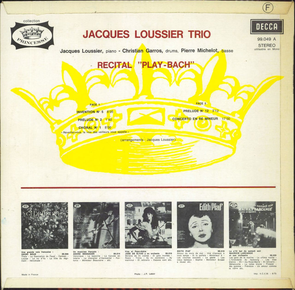 Jacques Loussier Play Bach 1 French vinyl LP album (LP record)