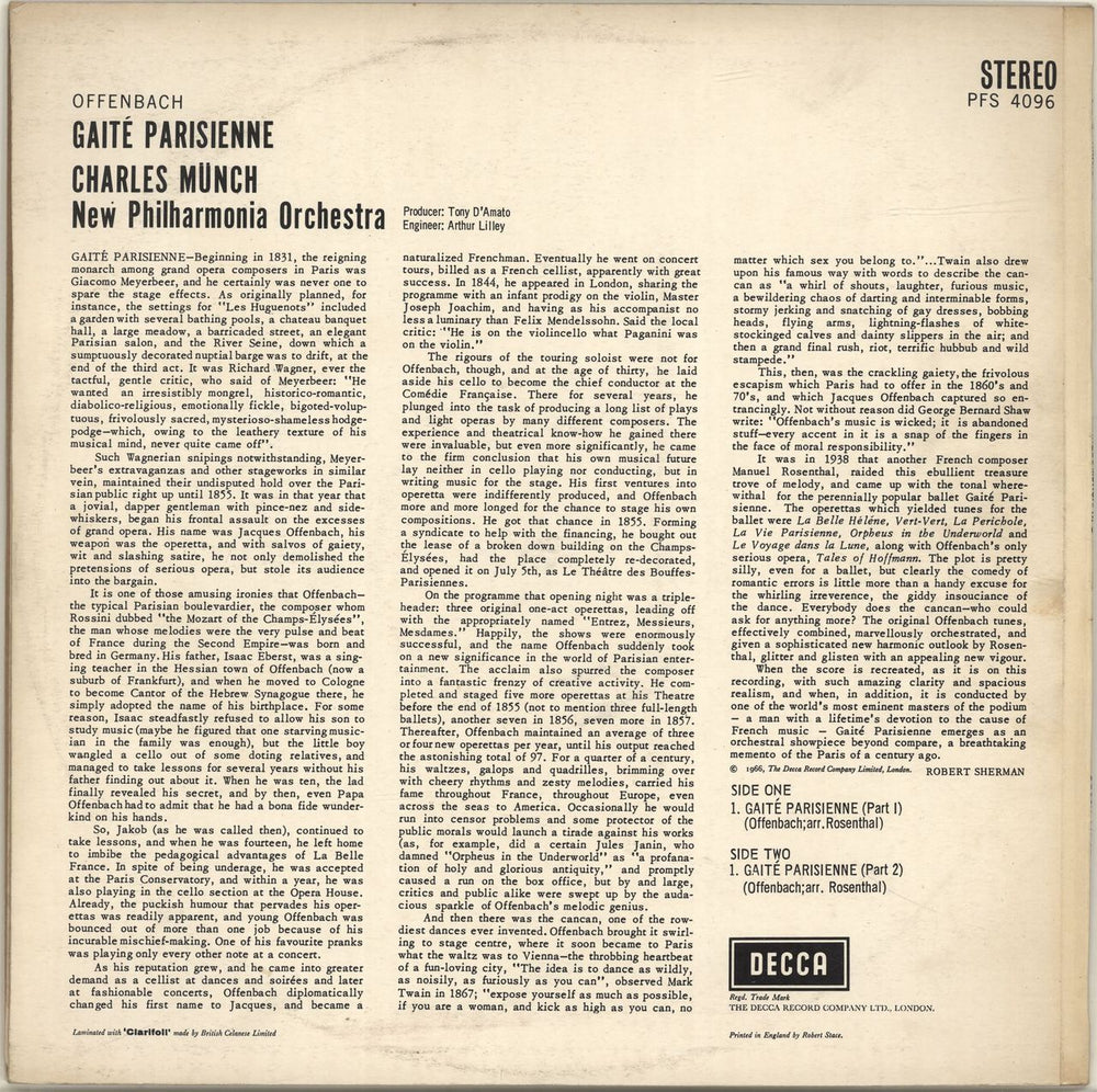 Jacques Offenbach Gaité Parisienne UK vinyl LP album (LP record)