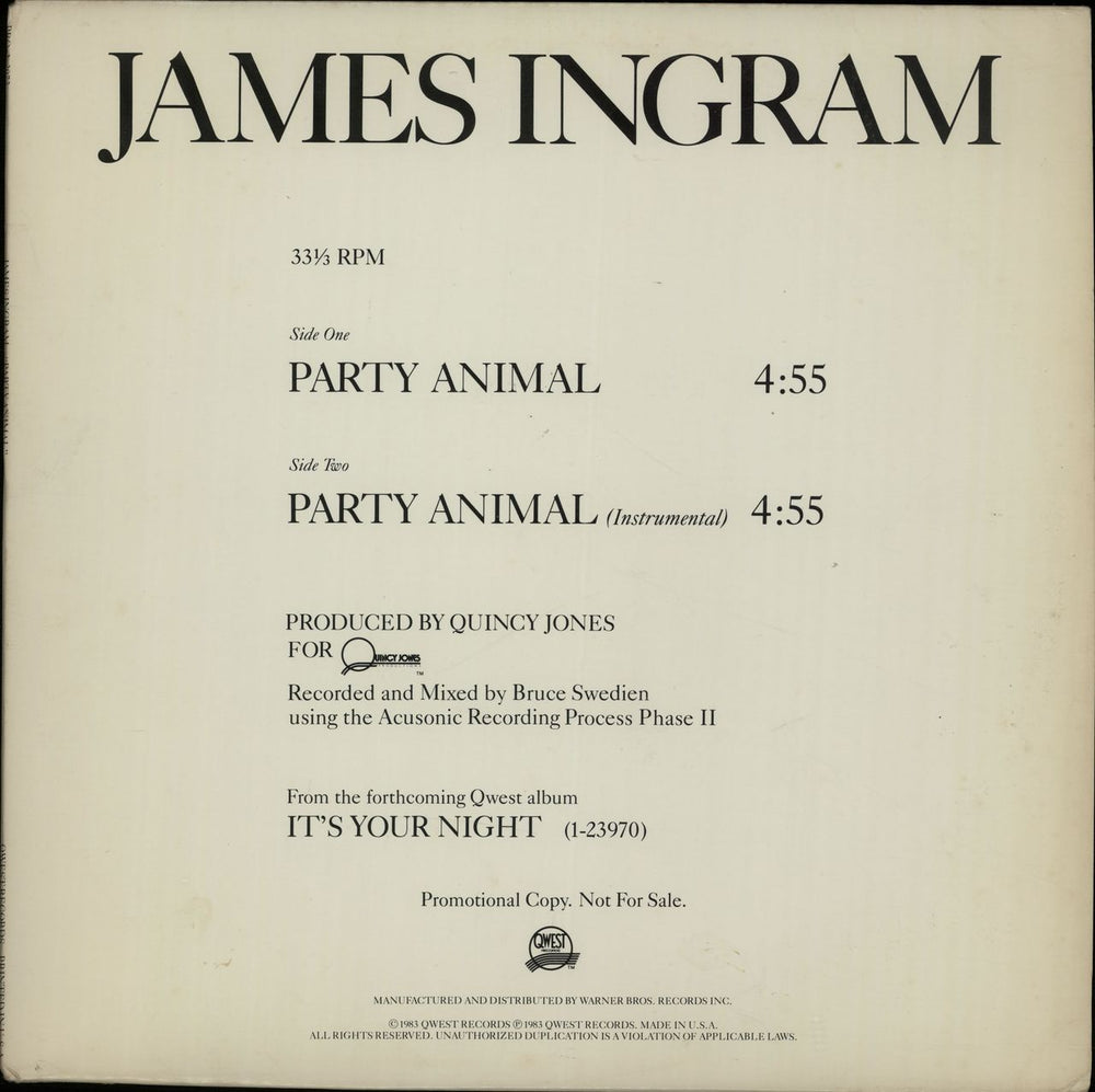 James Ingram Party Animal US Promo 12" vinyl single (12 inch record / Maxi-single) PRO-A-2073