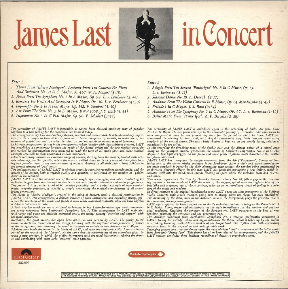 James Last In Concert Canadian vinyl LP album (LP record)