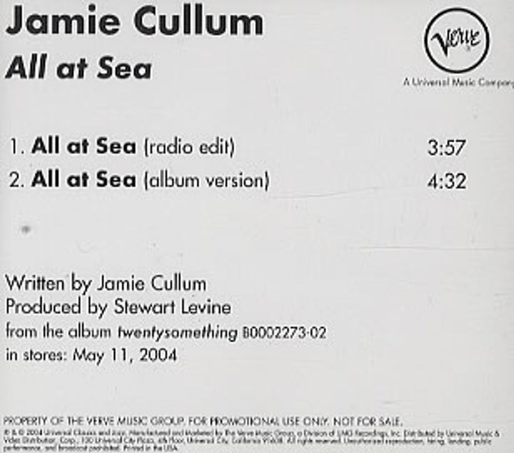 Jamie Cullum All At Sea US Promo CD single (CD5 / 5") VERR01324-2