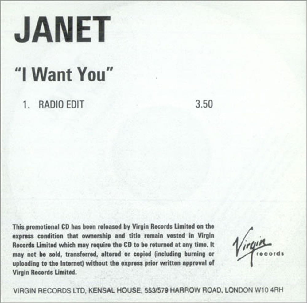 Janet Jackson I Want You UK Promo CD-R acetate CD-R ACETATE