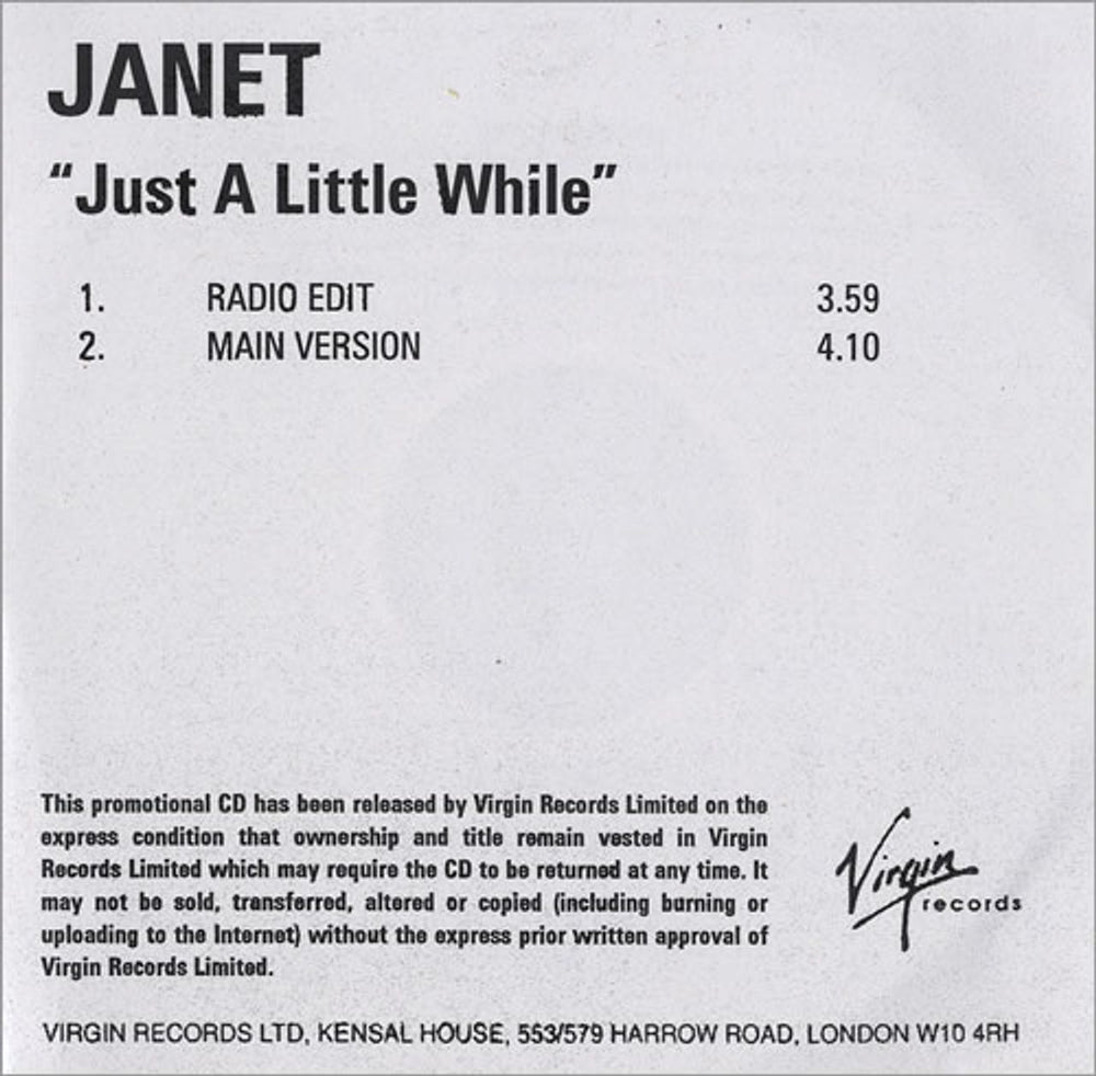 Janet Jackson Just A Little While UK Promo CD-R acetate CD-R ACETATE