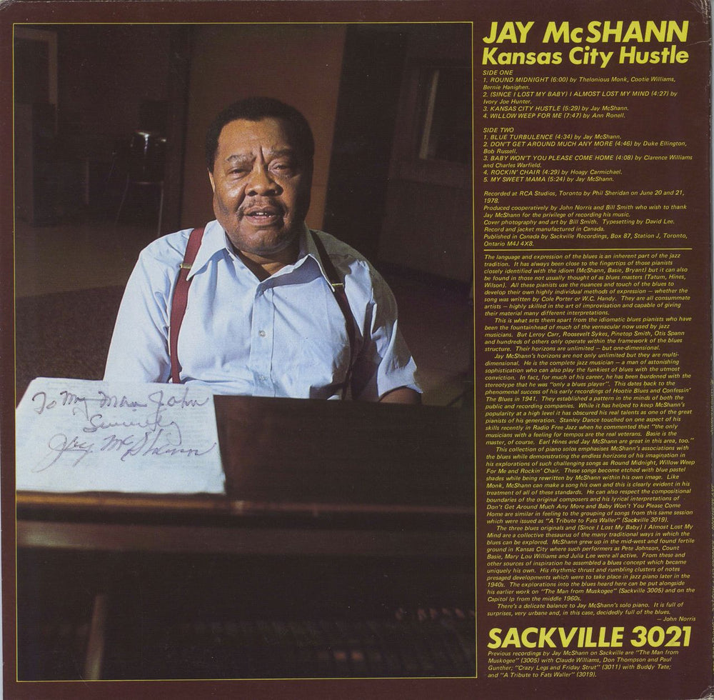 Jay McShann Kansas City Hustle - Autographed Canadian vinyl LP album (LP record) JMHLPKA530775