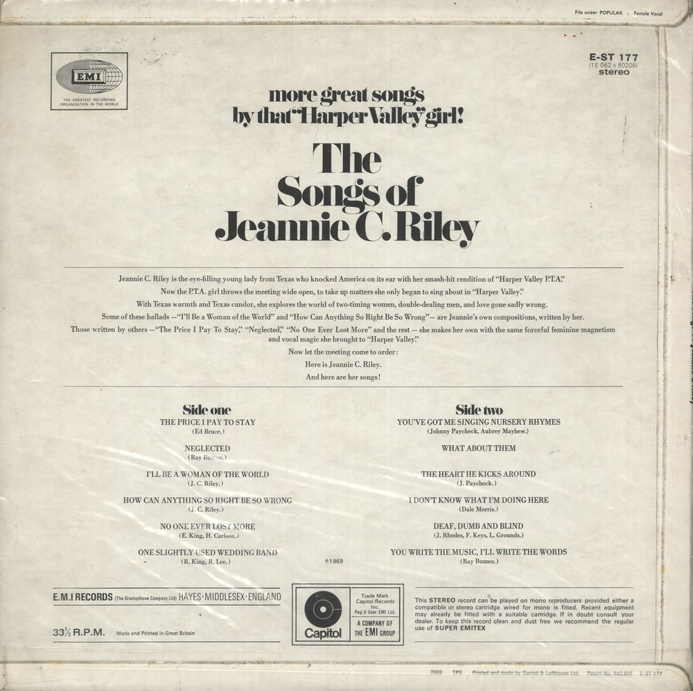 Jeannie C. Riley The Songs Of Jeannie C. Riley UK vinyl LP album (LP record)