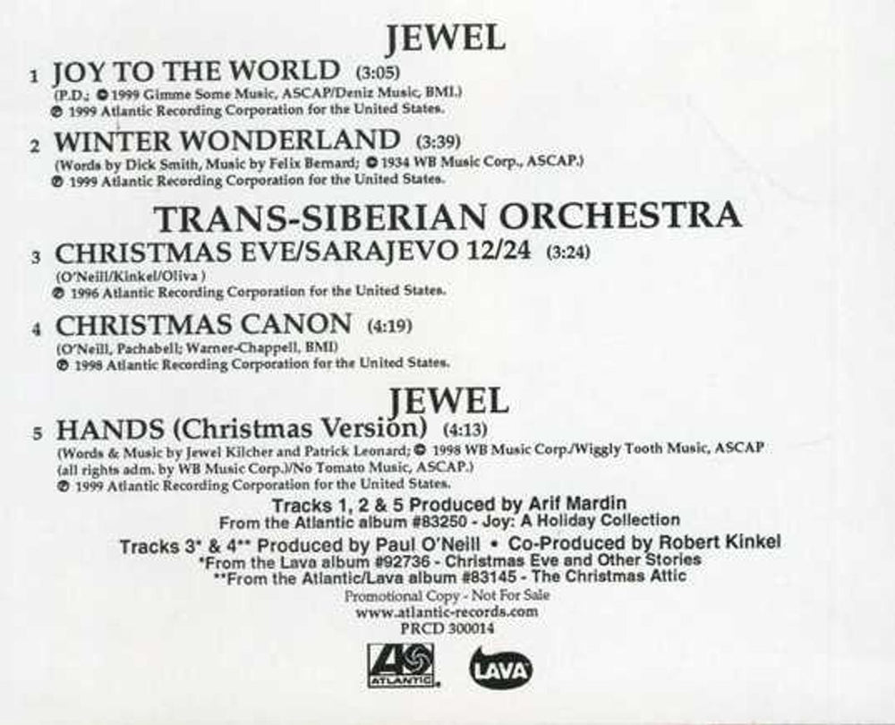 Jewel Christmas Sampler US Promo CD single (CD5 / 5")