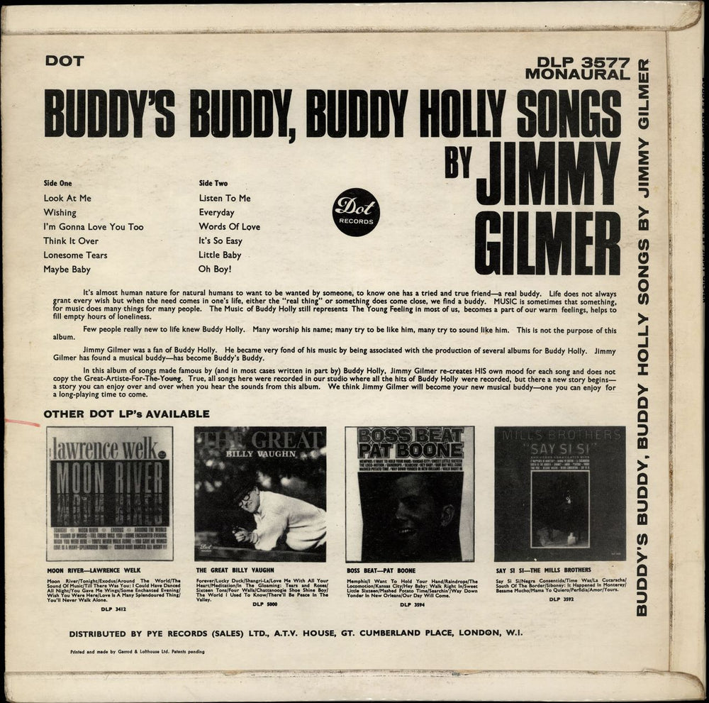 Jimmy Gilmer & The Fireballs Buddy's Buddy, Buddy Holly Songs UK vinyl LP album (LP record)