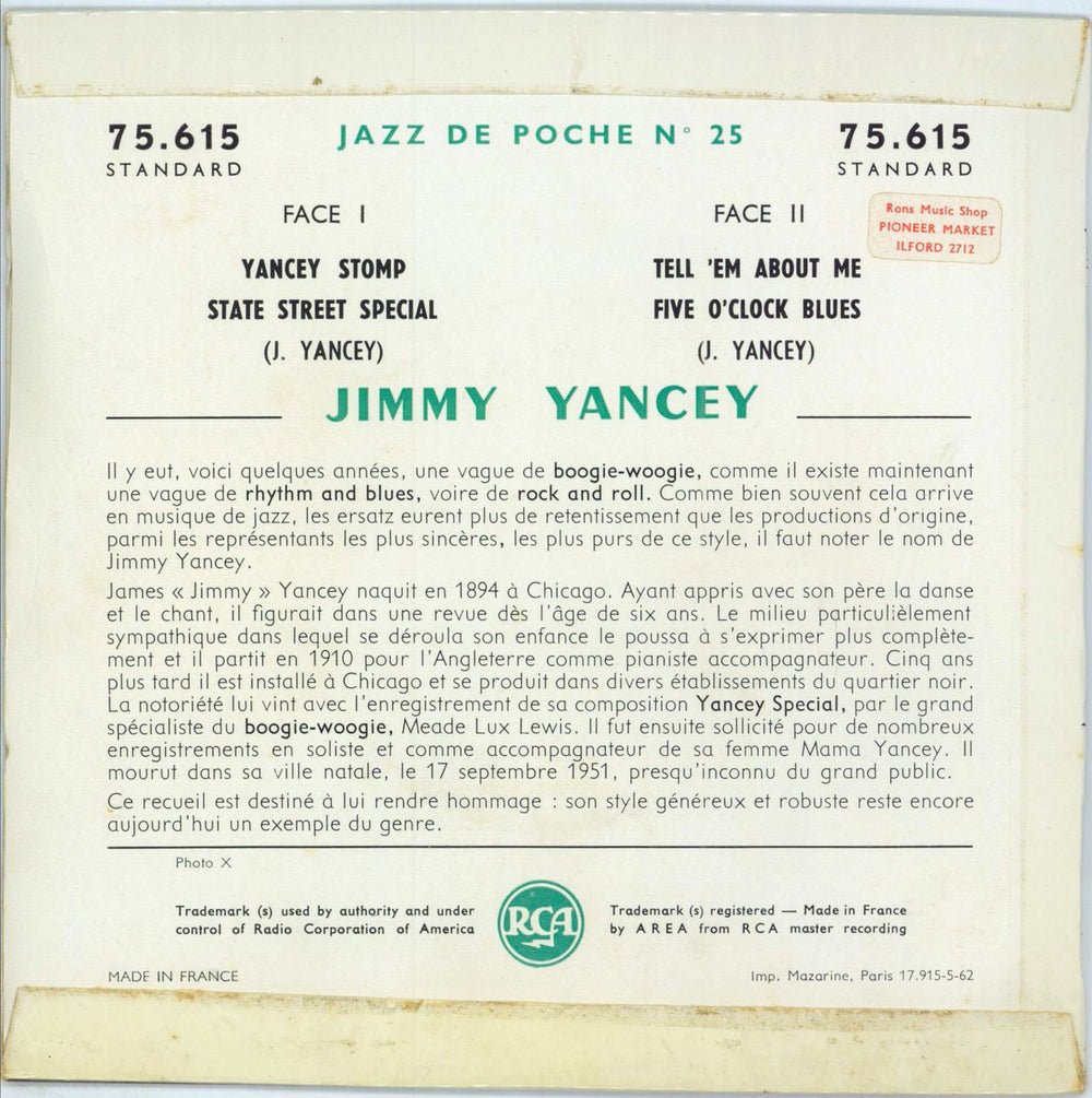 Jimmy Yancey Jazz De Poche No. 25 French 7" vinyl single (7 inch record / 45) JYA07JA789322