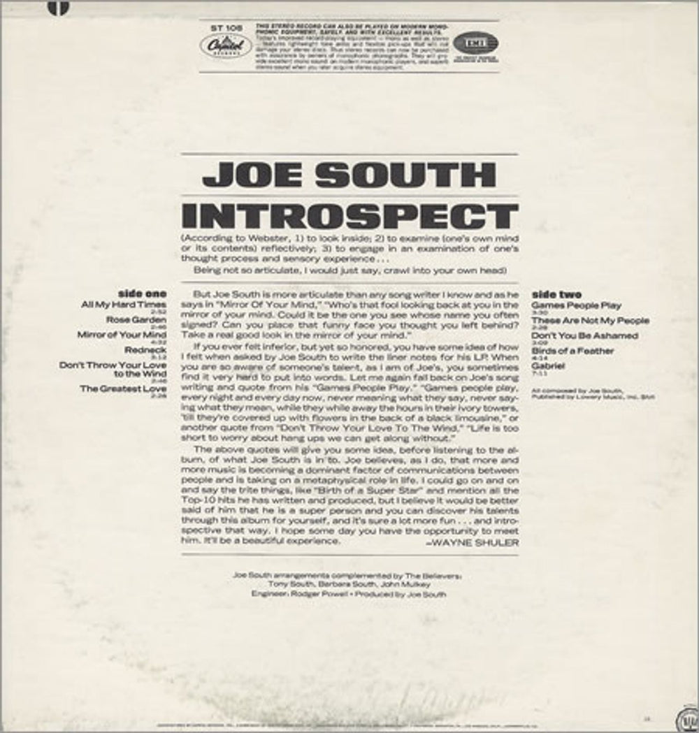 Joe South Introspect - The Songs Of Joe South US vinyl LP album (LP record) JSOLPIN247852