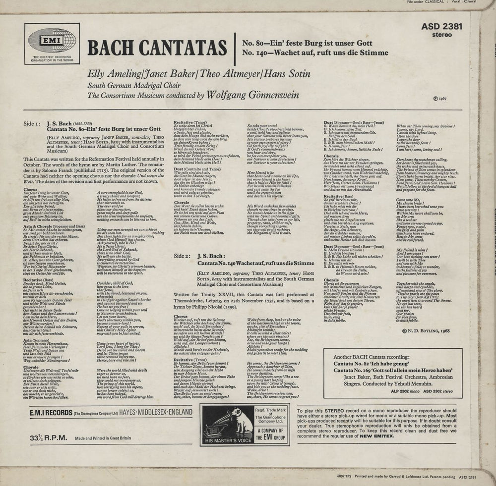 Johann Sebastian Bach Cantatas 80 & 140 UK vinyl LP album (LP record)