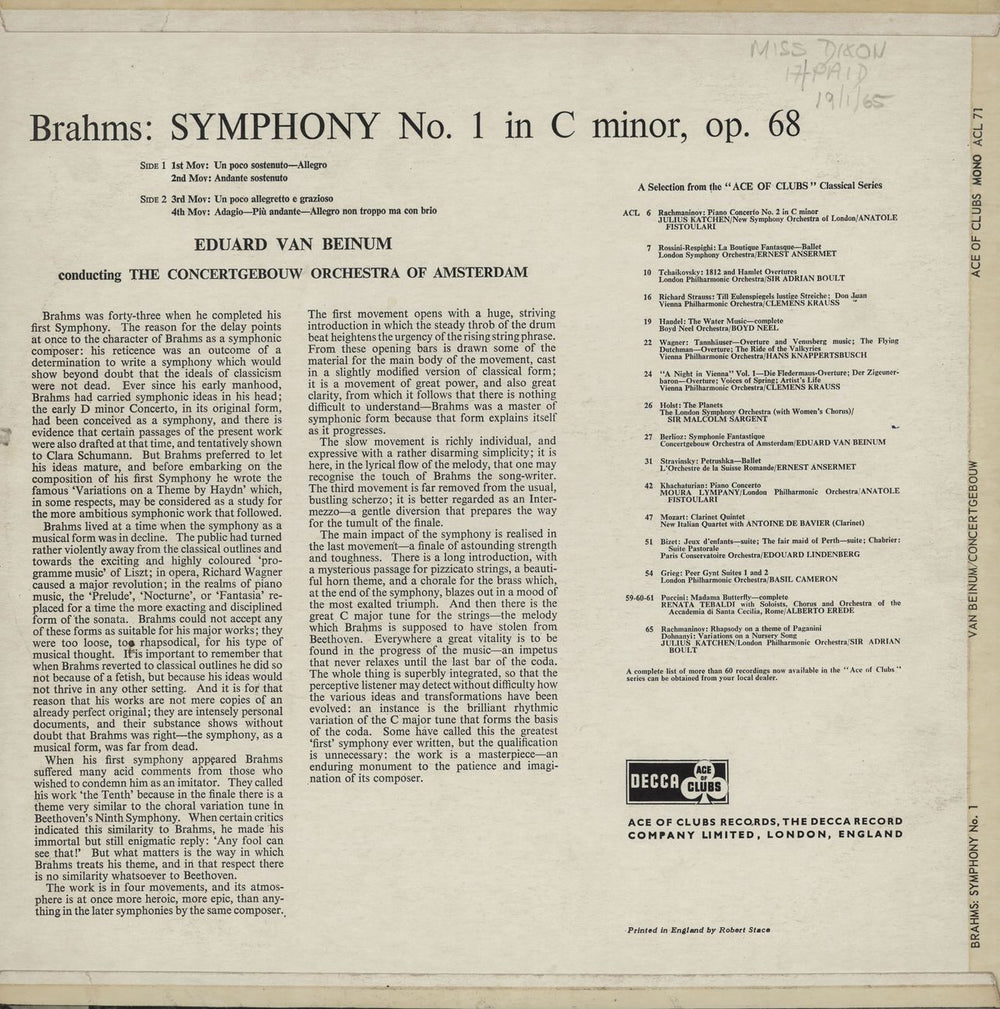 Johannes Brahms Symphony No. 1 in C Minor, Op.68 UK vinyl LP album (LP record)