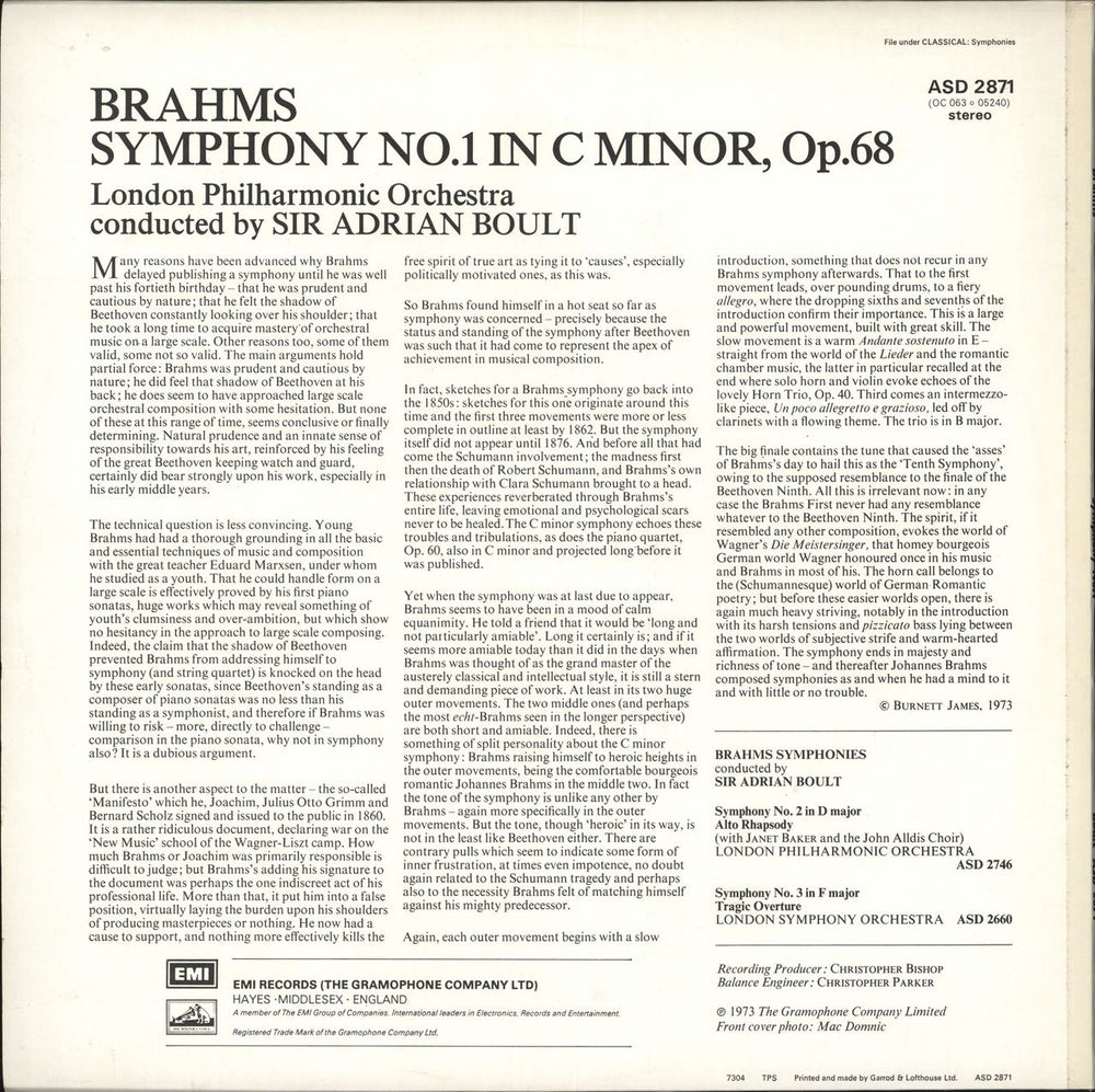 Johannes Brahms Symphony No. 1 UK vinyl LP album (LP record) B10LPSY708781