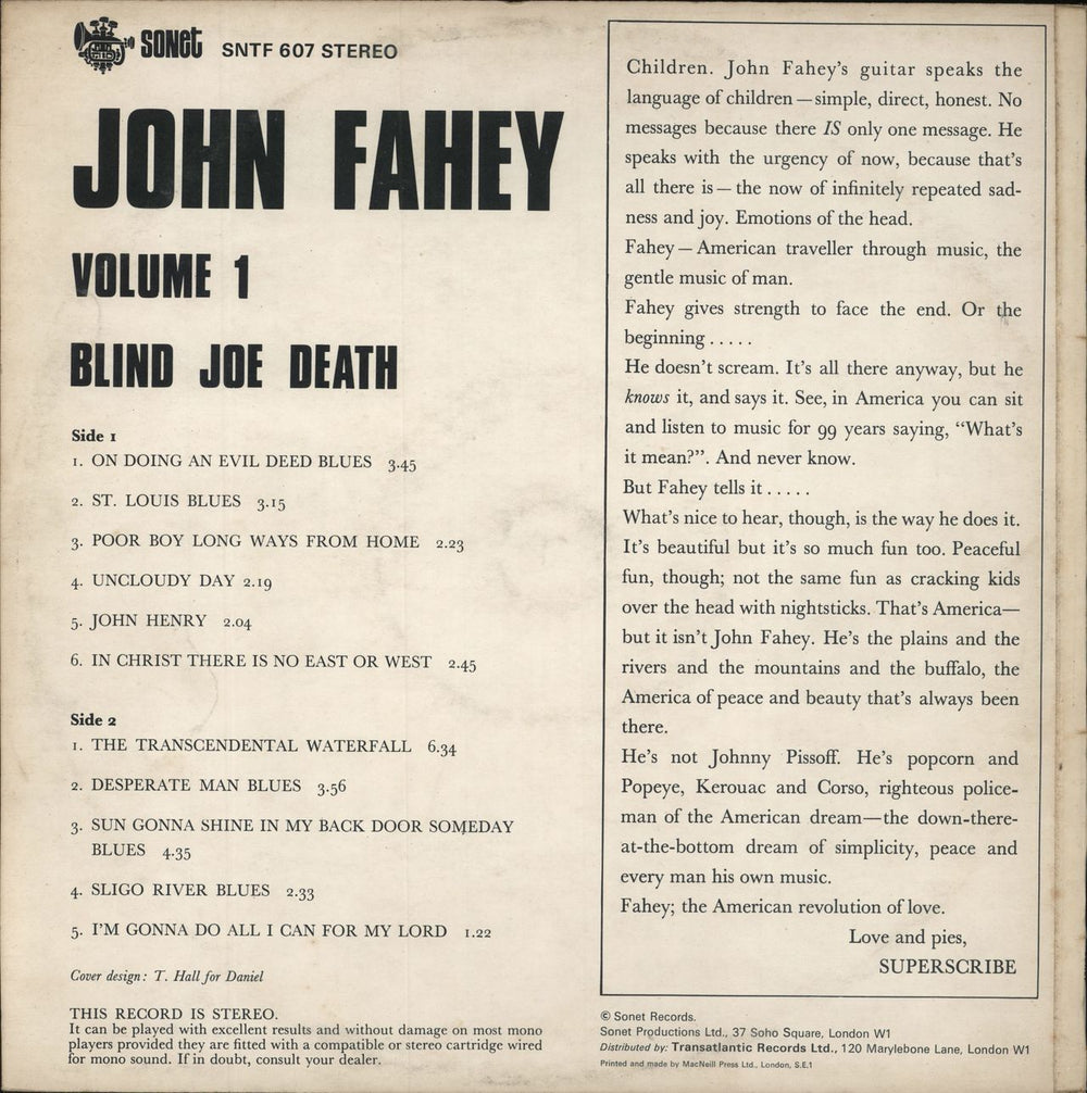 John Fahey Volume 1 - Blind Joe Death UK vinyl LP album (LP record)