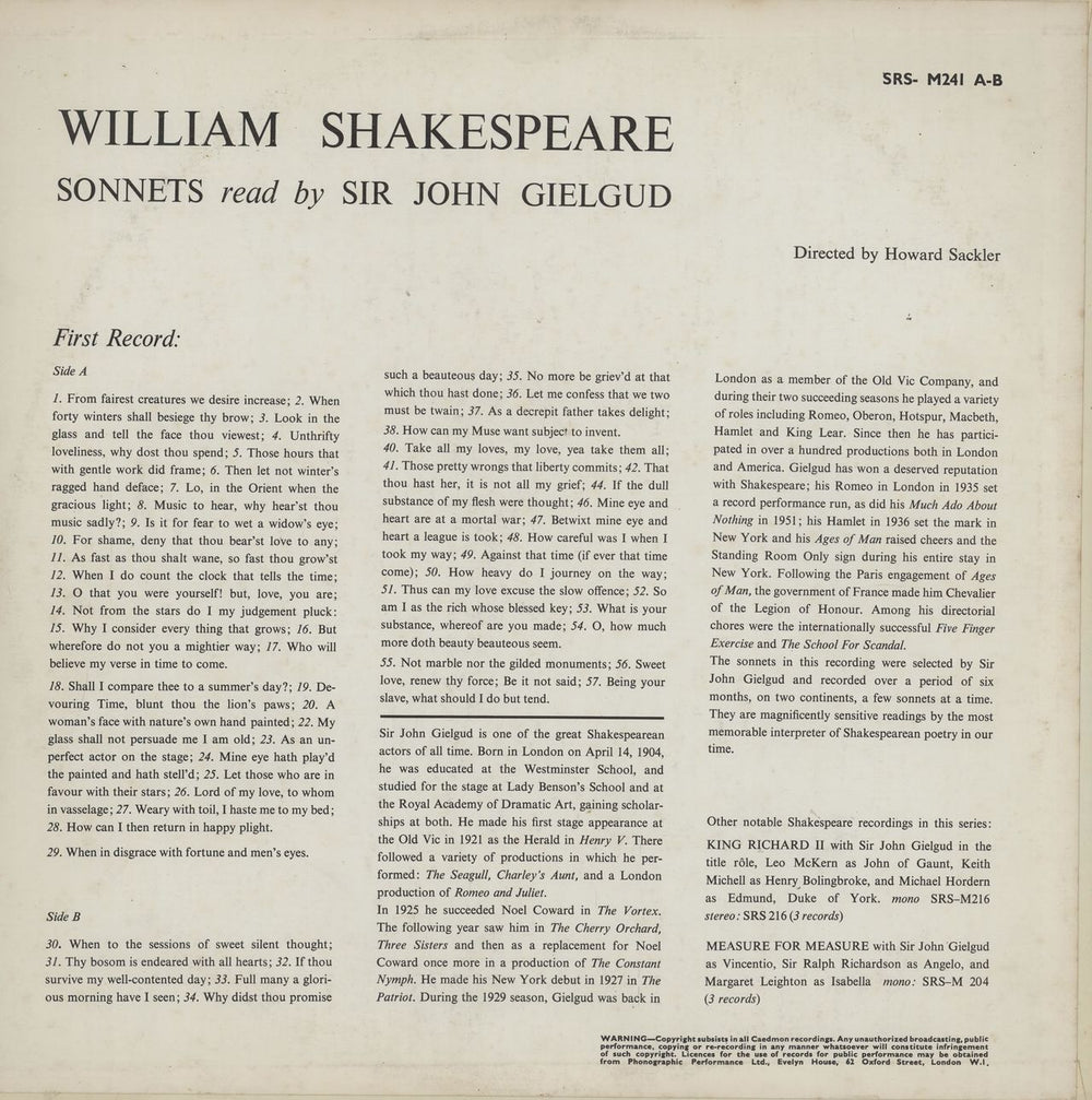 John Gielgud Sonnets Of William Shakespeare UK 2-LP vinyl record set (Double LP Album)