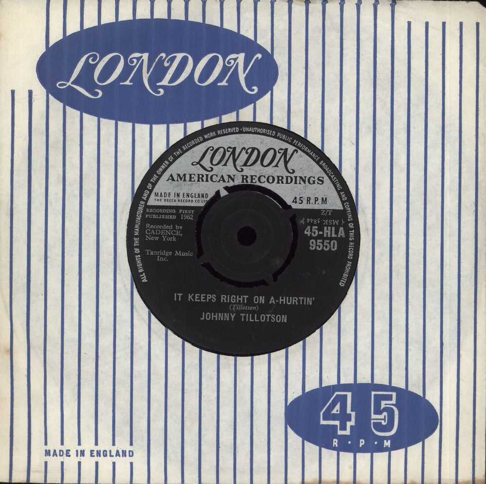 Johnny Tillotson It Keeps Right On A-Hurtin' UK 7" vinyl single (7 inch record / 45) 45-HLA9550