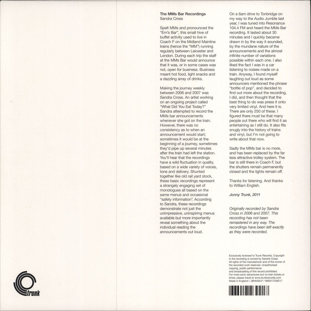 Jonny Trunk The MMs Bar Recordings UK vinyl LP album (LP record) 666017239217