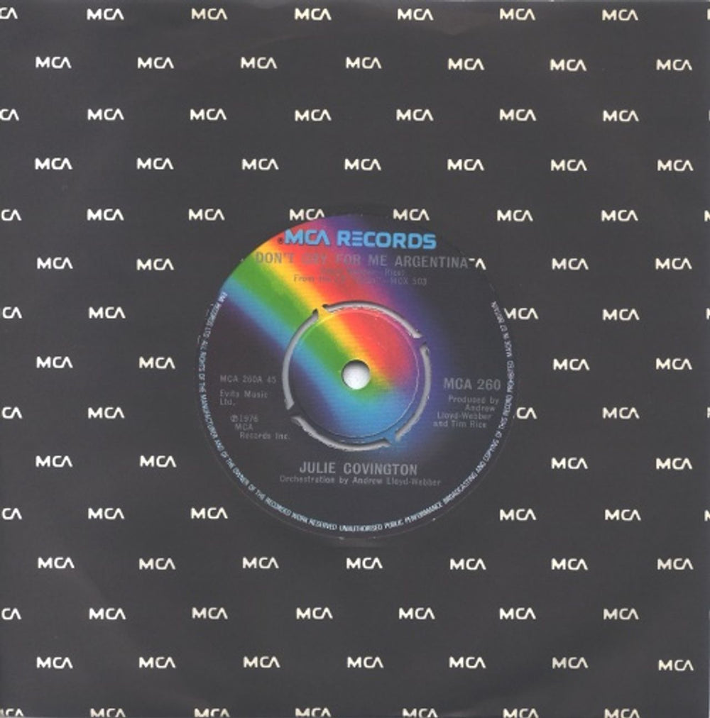Julie Covington Don't Cry For Me Argentina - 4-prong UK 7" vinyl single (7 inch record / 45) MCA260