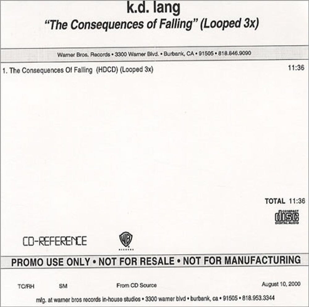 K.D. Lang The Consequences Of Falling US Promo CD-R acetate KDLCRTH175325