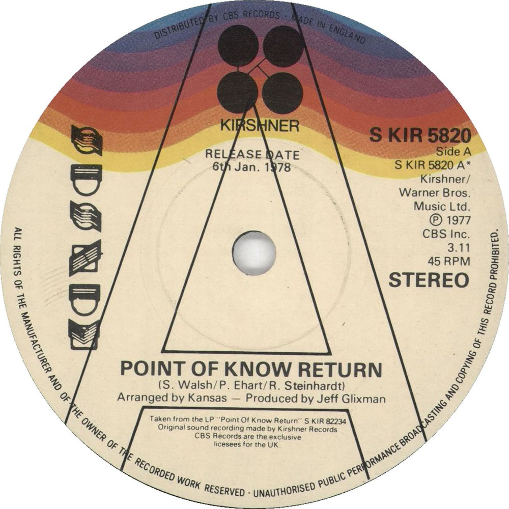 Kansas Point Of Know Return UK Promo 7" vinyl single (7 inch record / 45) SKIR5820