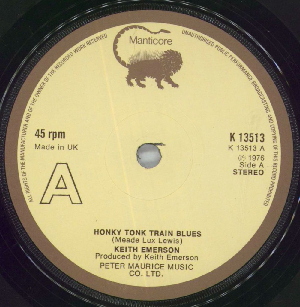 Keith Emerson Honky Tonk Train Blues UK 7" vinyl single (7 inch record / 45) K13513