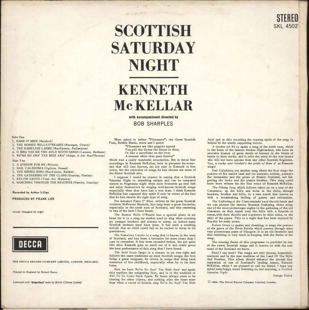 Kenneth McKellar Scottish Saturday Night UK vinyl LP album (LP record)