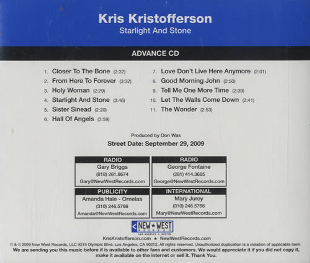 Kris Kristofferson Starlight And Stone US Promo CD album (CDLP) NWA3047