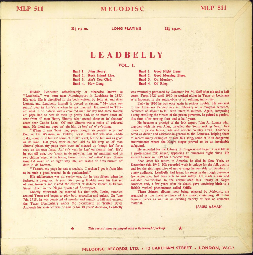 Leadbelly Leadbelly Vol. 1 UK 10" vinyl single (10 inch record) L-Y10LE793116