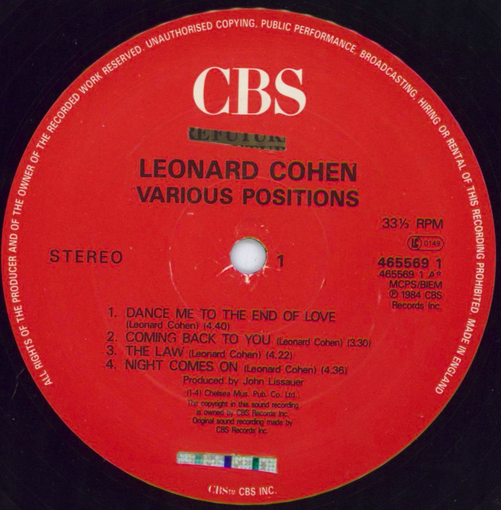 Leonard Cohen Various Positions UK vinyl LP album (LP record) COHLPVA802016