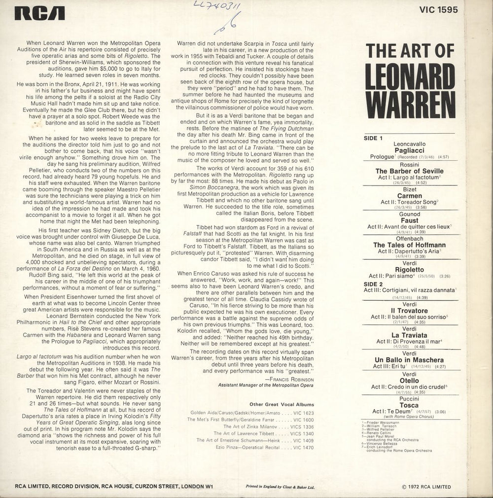 Leonard Warren The Art Of Leonard Warren UK vinyl LP album (LP record)