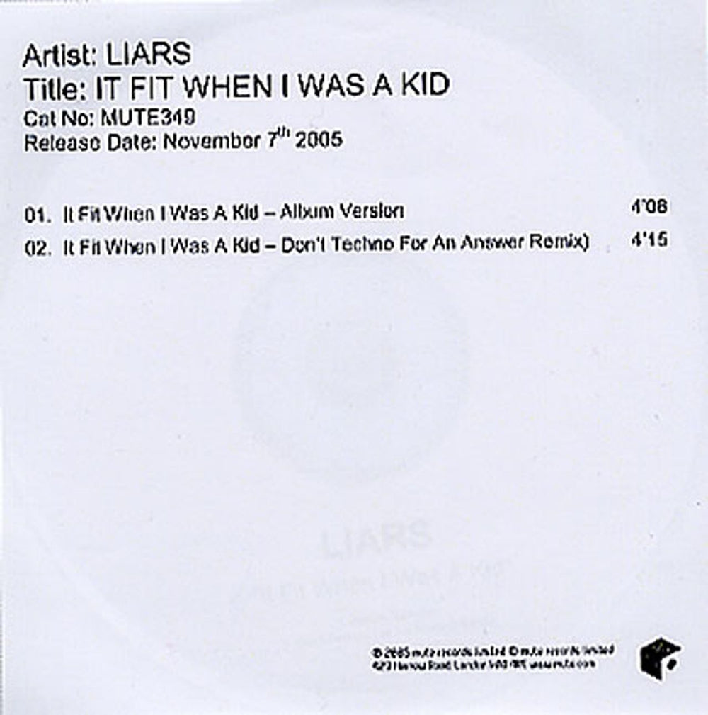 Liars It Fit When I Was A Kid UK CD-R acetate CD-R ACETATE