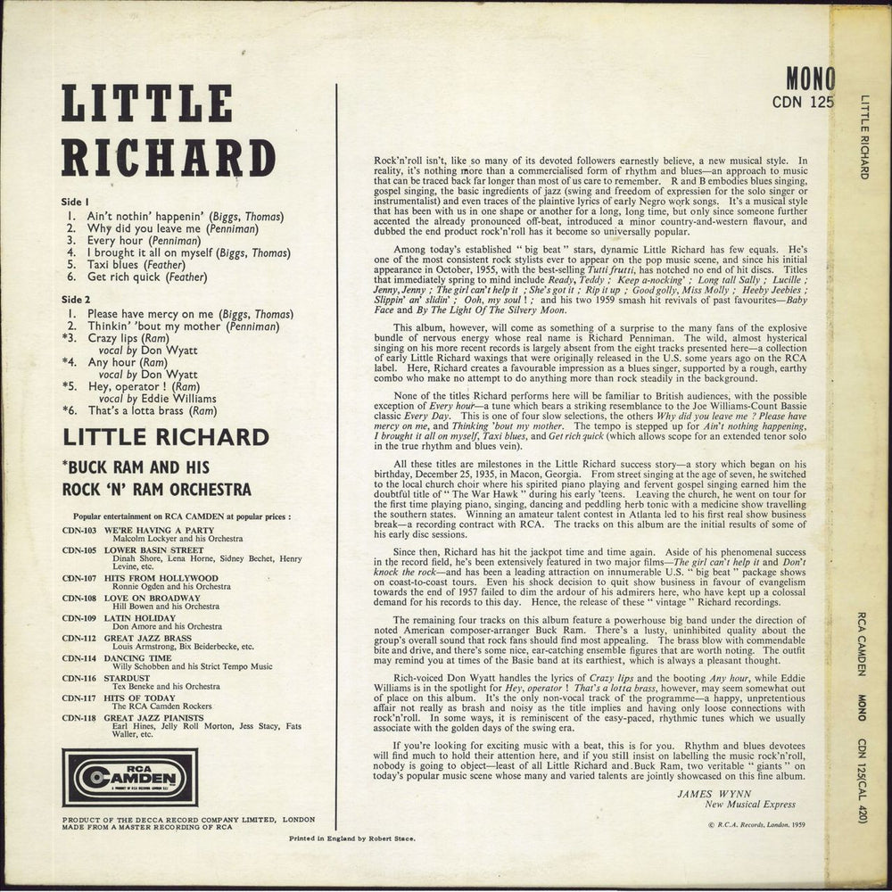 Little Richard Buck Ram And His Rock 'N' Roll Band UK vinyl LP album (LP record)