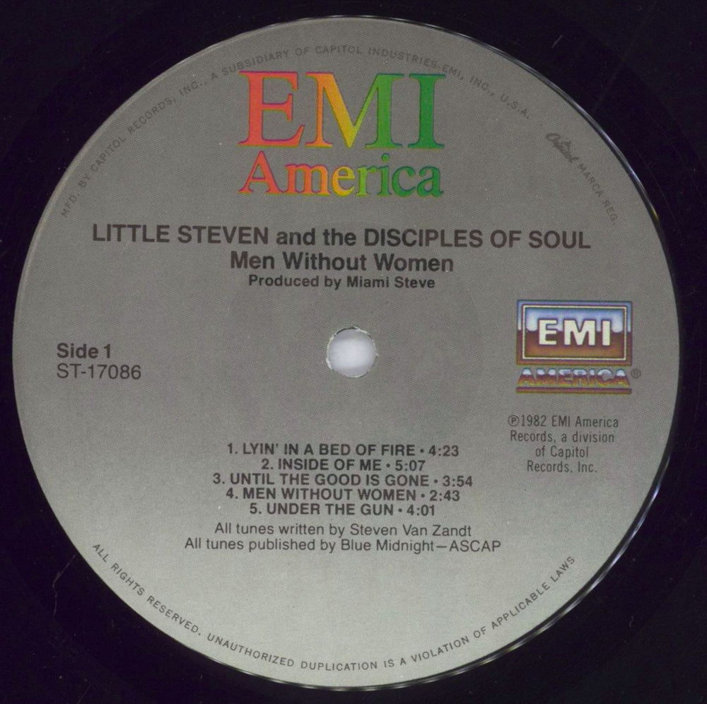 Little Steven Men Without Women US vinyl LP album (LP record) LTSLPME830082