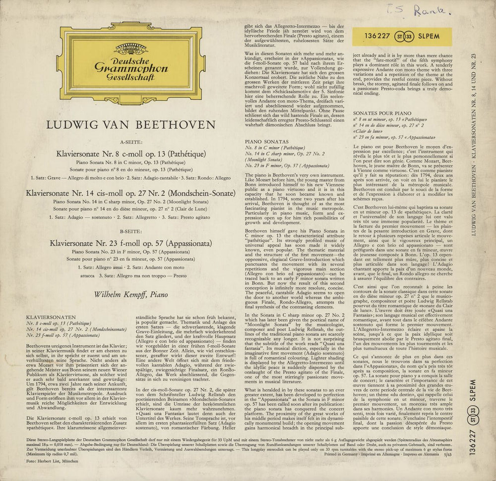 Ludwig Van Beethoven Beethoven: Sonaten Pathétique · Mondschein - Sonate · Appassionata German vinyl LP album (LP record)