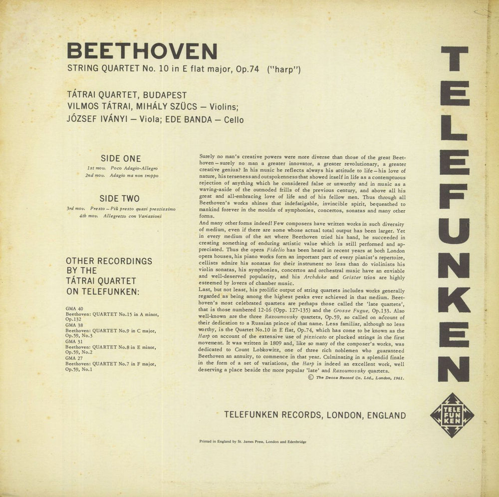Ludwig Van Beethoven String Quartet No. 10 UK vinyl LP album (LP record)