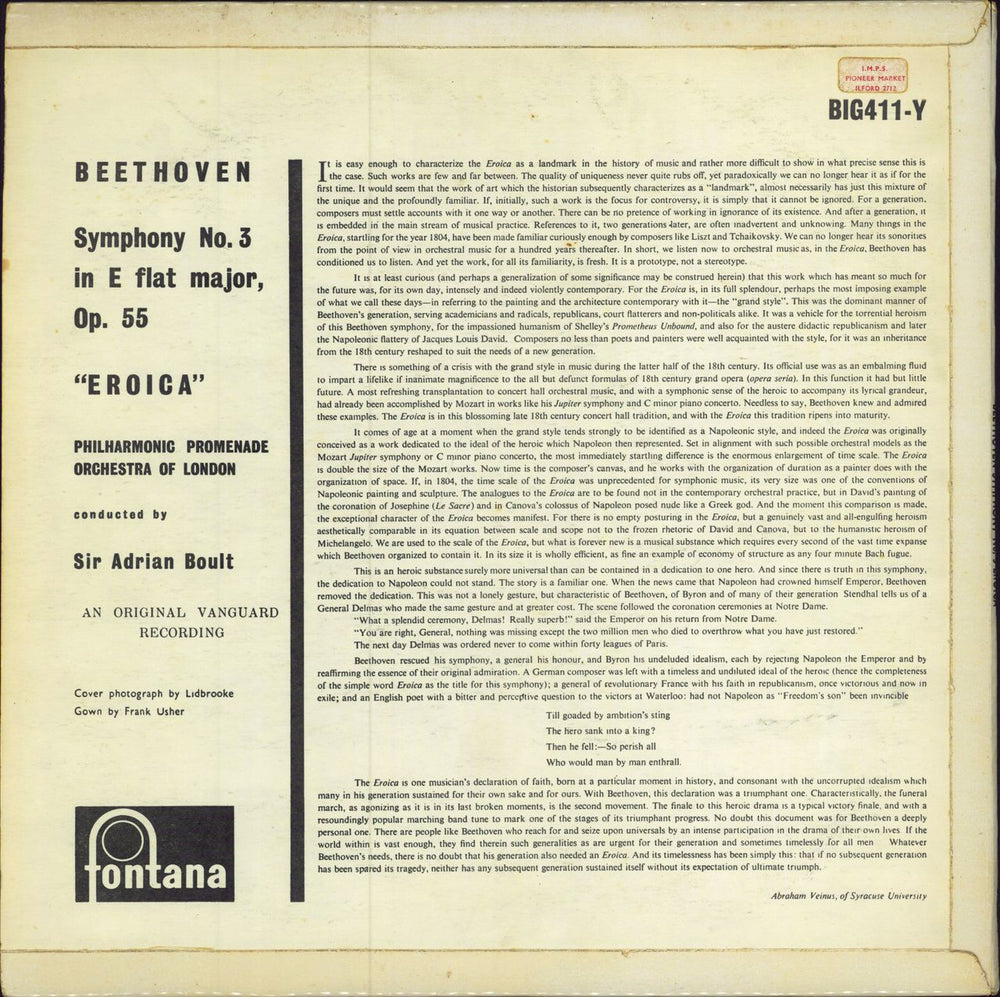 Ludwig Van Beethoven Symphony No. 3 In E Flat, "Eroica" UK vinyl LP album (LP record) LVBLPSY783685