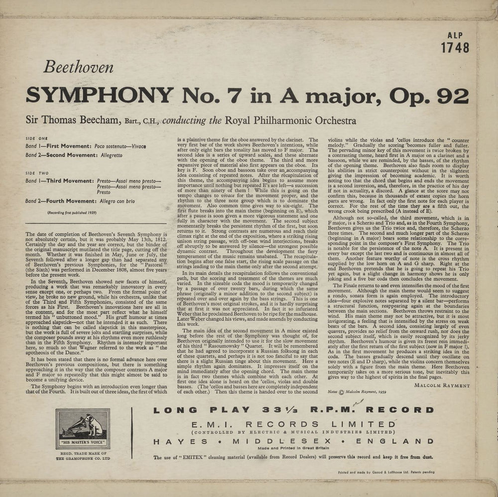 Ludwig Van Beethoven Symphony No. 7 in A, Op.92 UK vinyl LP album (LP record)