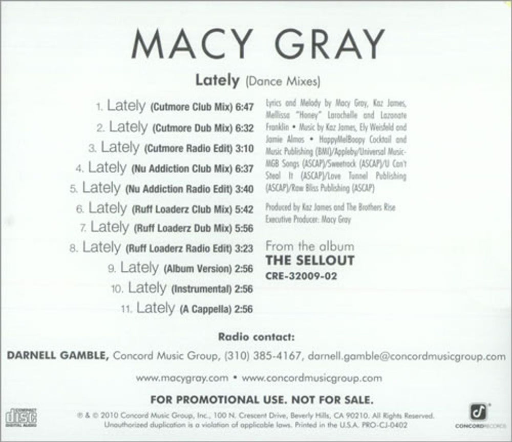 Macy Gray Lately (Dance Mixes) US Promo CD album (CDLP) PRO-CJ-0402