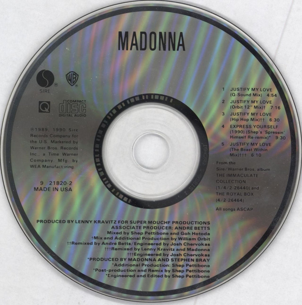 Madonna Justify My Love US CD single (CD5 / 5") MADC5JU02012