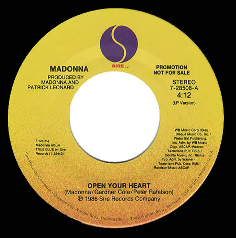 Madonna Open Your Heart US Promo 7" vinyl single (7 inch record / 45) 7-28508