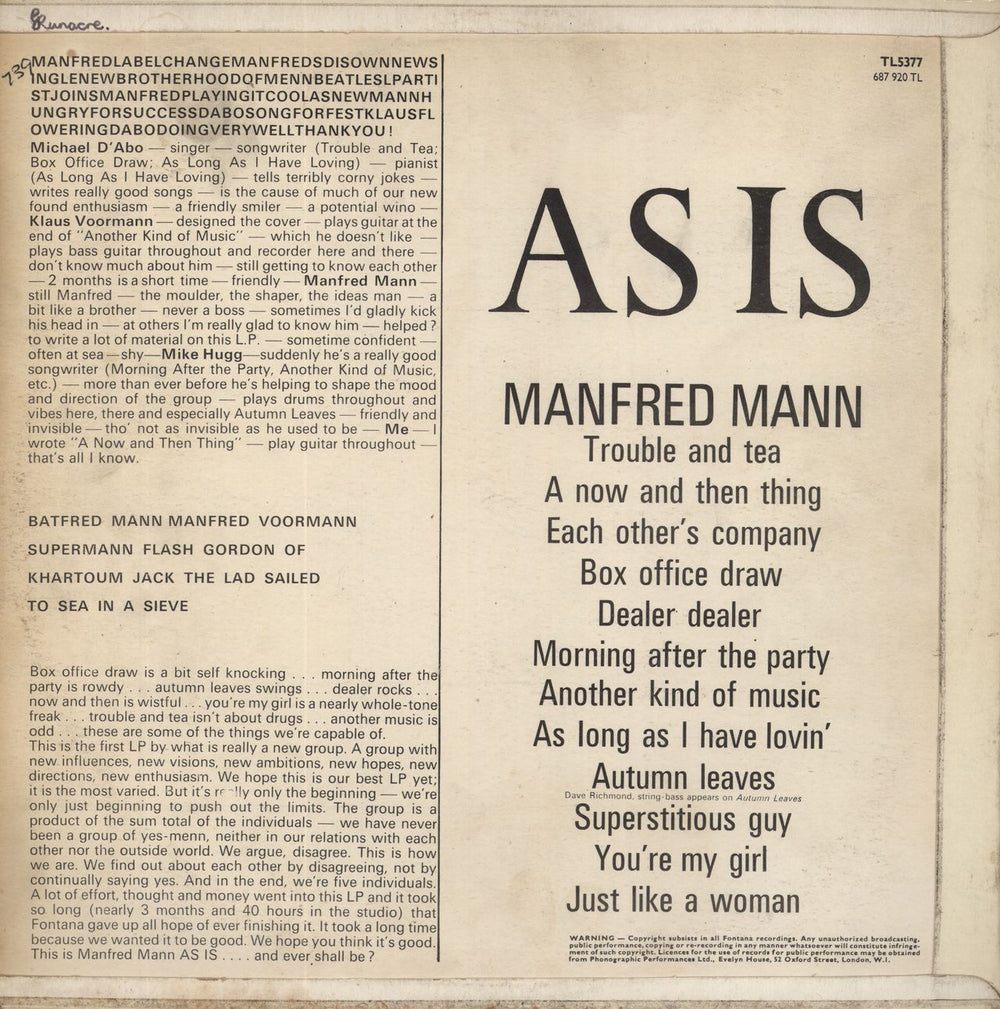 Manfred Mann As Is - Train Sleeve - EX WOS UK vinyl LP album (LP record)