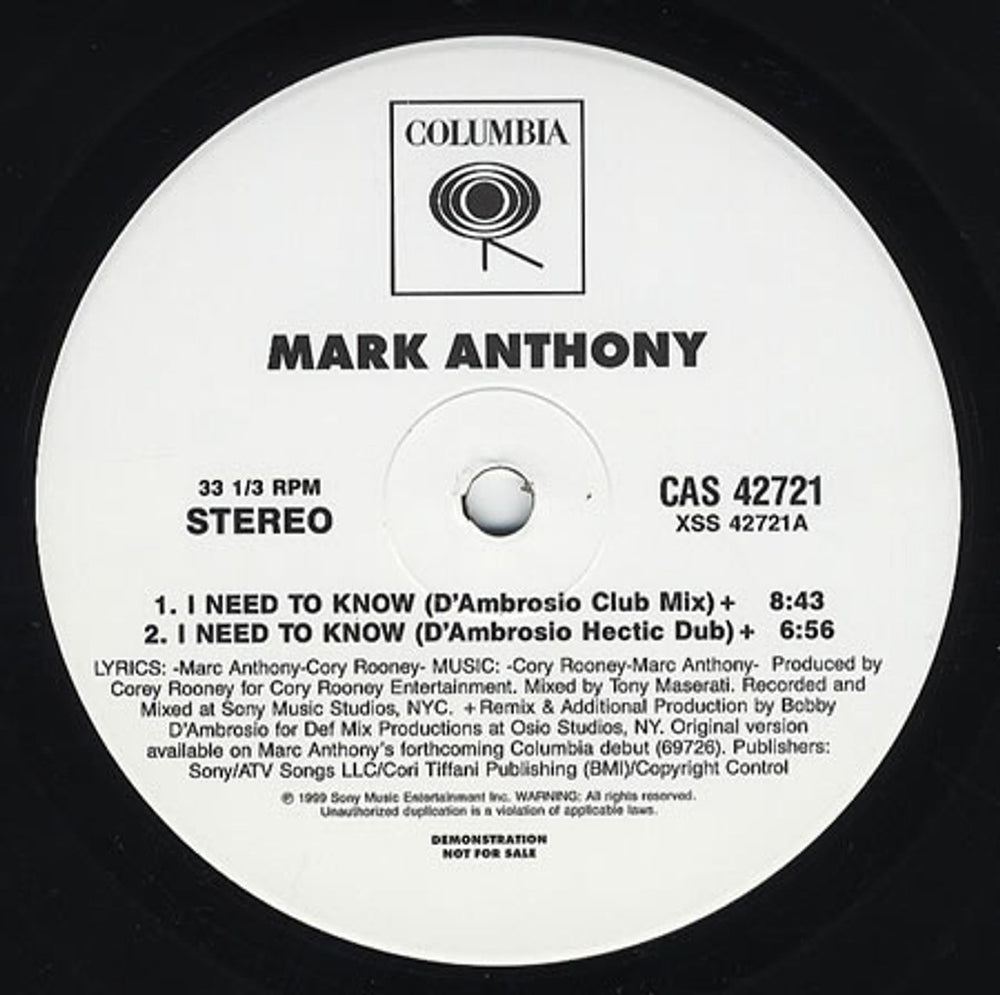 Marc Anthony I Need To Know US Promo 12" vinyl single (12 inch record / Maxi-single) CAS42721