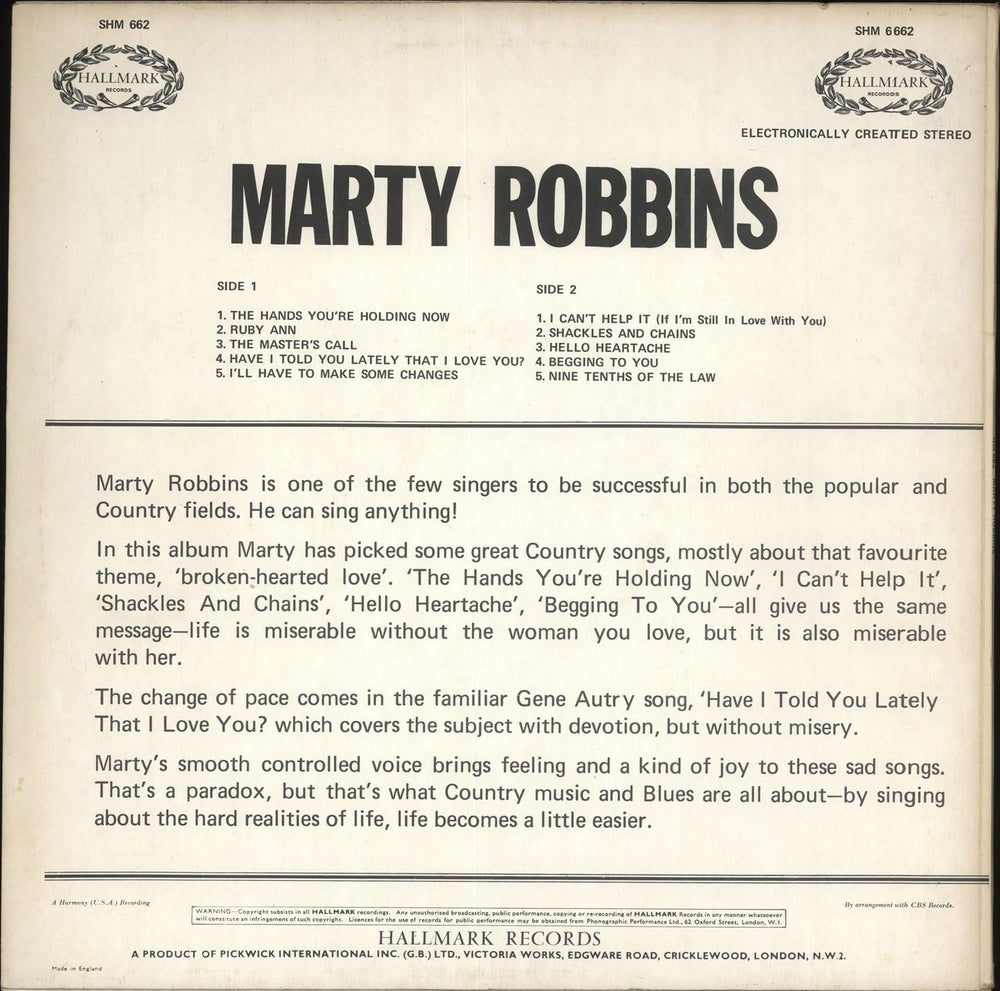 Marty Robbins Marty Robbins UK vinyl LP album (LP record)