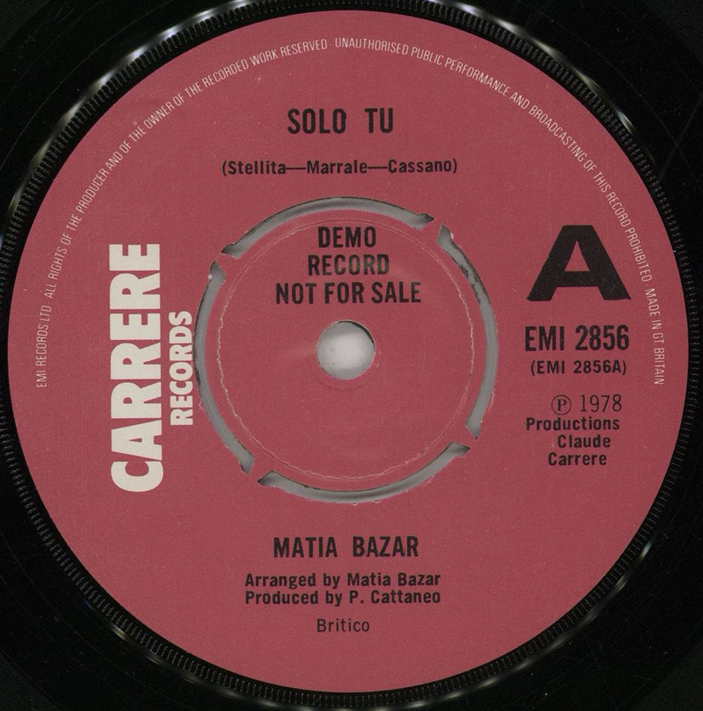 Matia Bazar Solo Tu - A Label UK Promo 7" vinyl single (7 inch record / 45) EMI2856