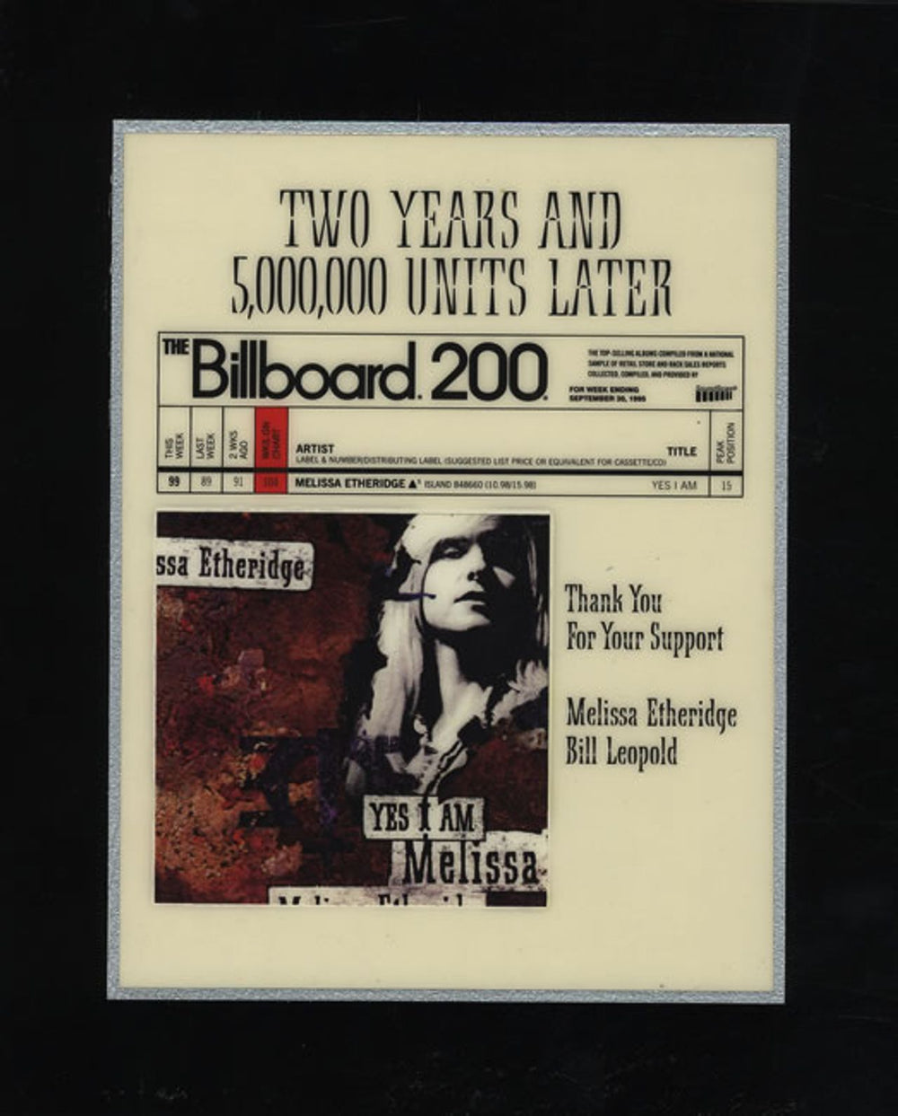 Melissa Etheridge Yes I Am US award disc PLATINUM