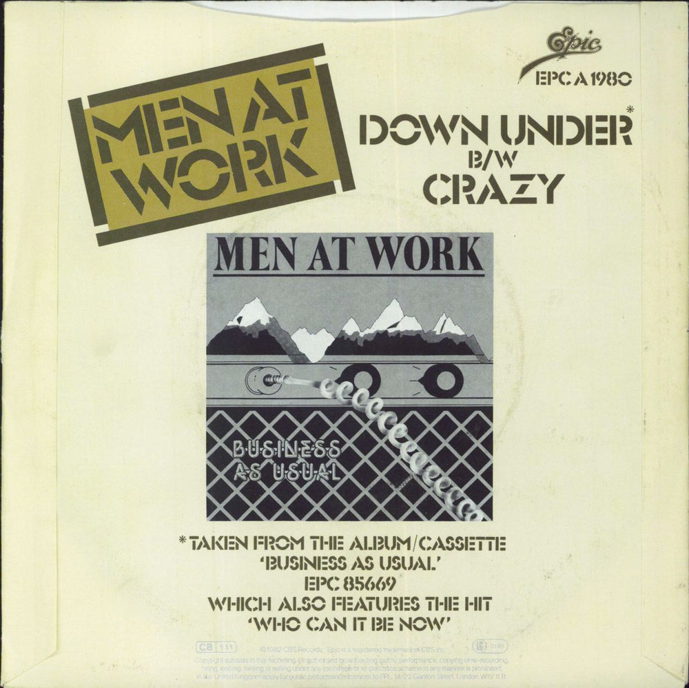 Men At Work Down Under - A Label + PR UK Promo 7" vinyl single (7 inch record / 45)